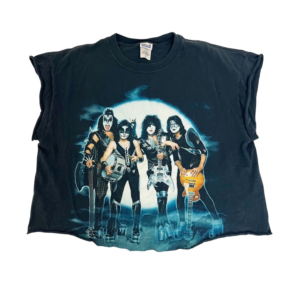 KISS Rock The Nation 2004 World Tour Shirt Vintage Y2K Distressed Cropped LARGE